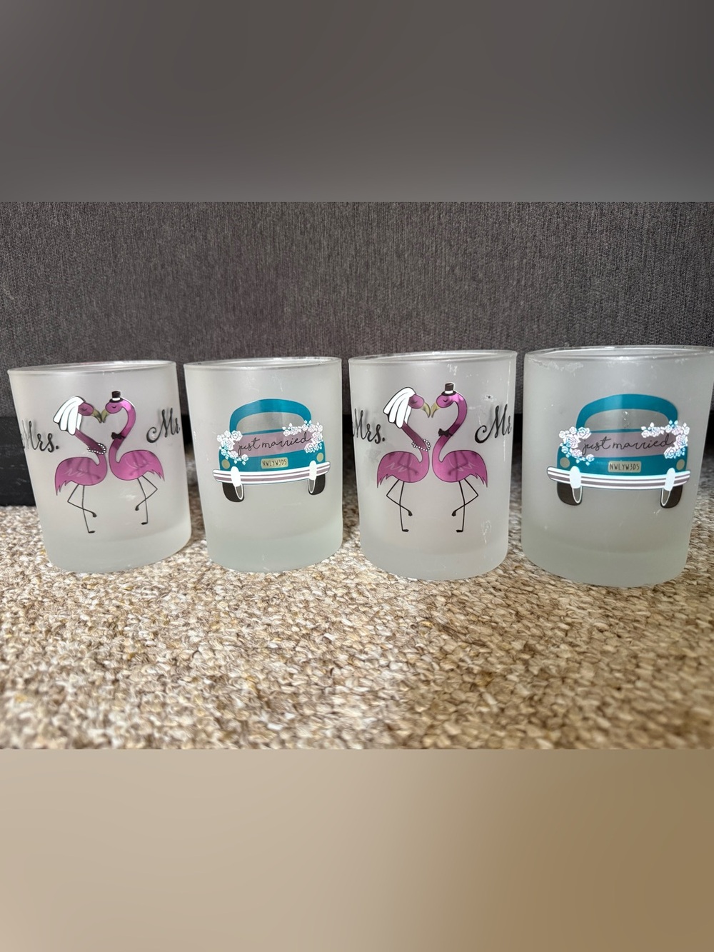 Frosted Glass Wedding Shot Glasses with Pink Flamingo and Teal Car Design